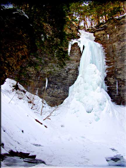 Lick Brook is seen here from below the falls, draped in ice.