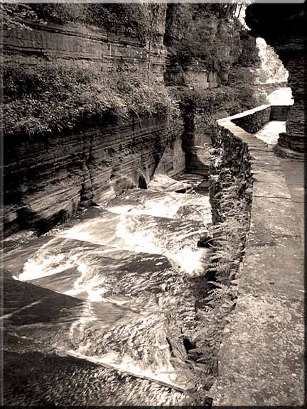 The sepia color picks up the texture of the rocks in the gorge.